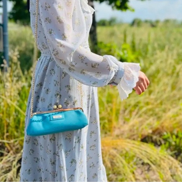 Miu Miu Handbags - Blue Clutch Gold Kiss lock Closure Patent Finish w/ Crossbody St…